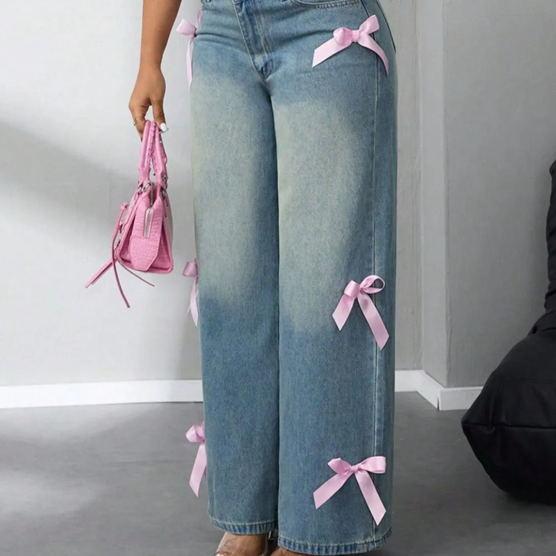 Bow High Rise Wide Leg Jeans