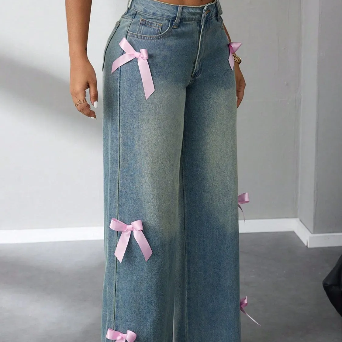 Bow High Rise Wide Leg Jeans