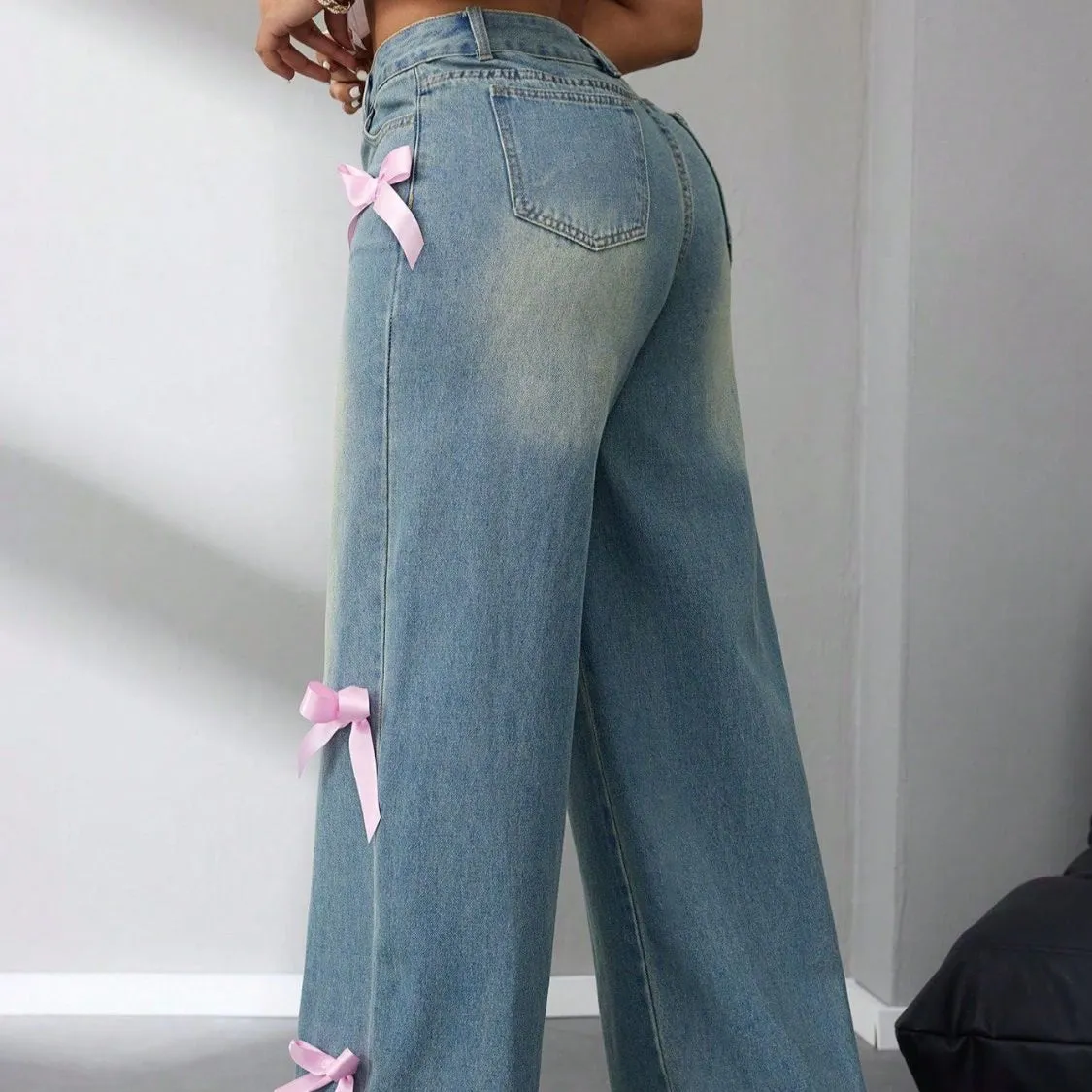 Bow High Rise Wide Leg Jeans