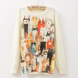 Cat party print Harajuku Wool Blend Knitwear Sweaters Women's Pullover O-neck Long Sleeve fashion Slim Knitted Clothing
