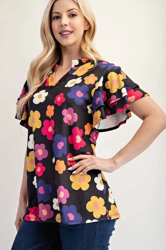 Celeste Bold Floral Ruffle Sleeve Top
