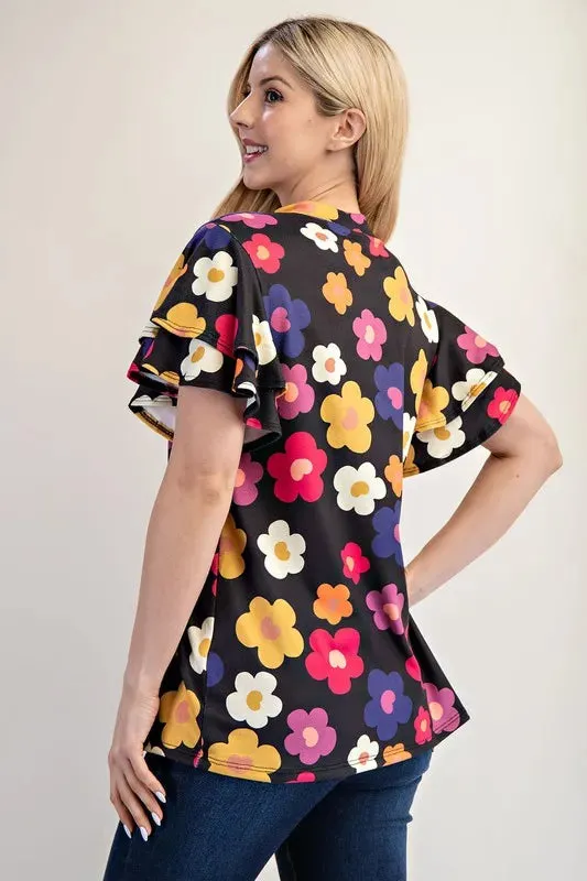 Celeste Bold Floral Ruffle Sleeve Top