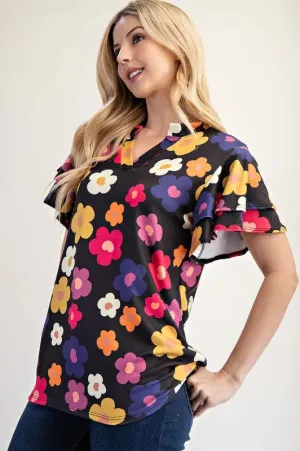 Celeste Bold Floral Ruffle Sleeve Top