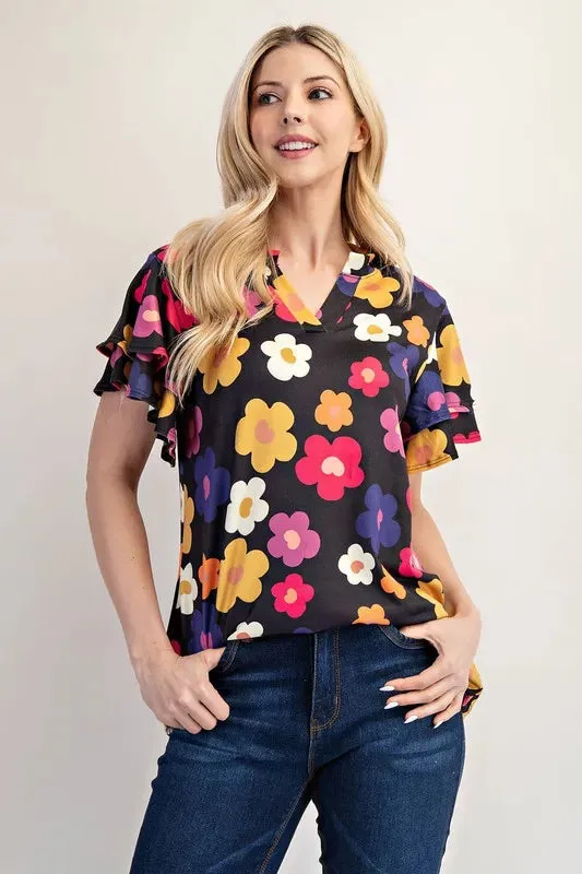 Celeste Bold Floral Ruffle Sleeve Top