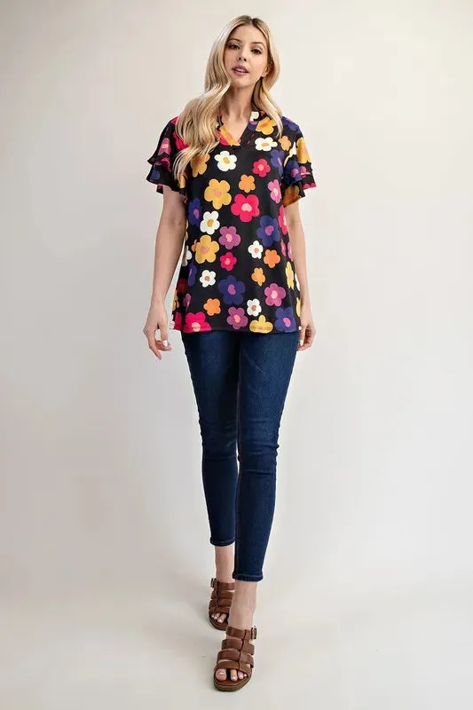 Celeste Bold Floral Ruffle Sleeve Top