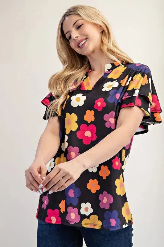 Celeste Bold Floral Ruffle Sleeve Top