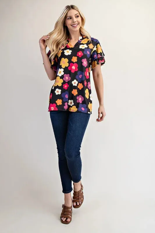 Celeste Bold Floral Ruffle Sleeve Top