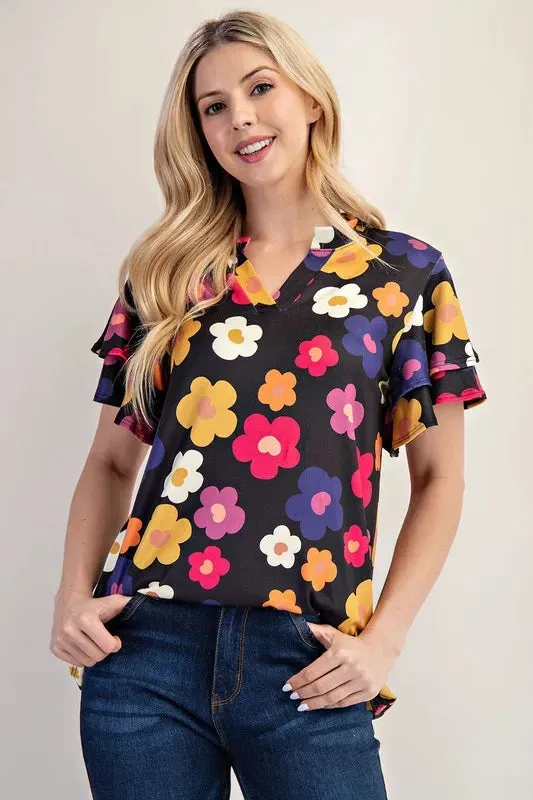 Celeste Bold Floral Ruffle Sleeve Top