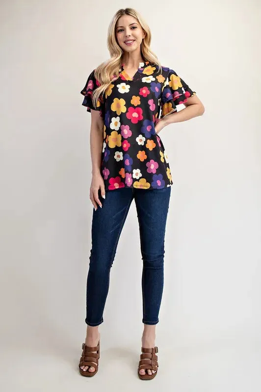 Celeste Bold Floral Ruffle Sleeve Top