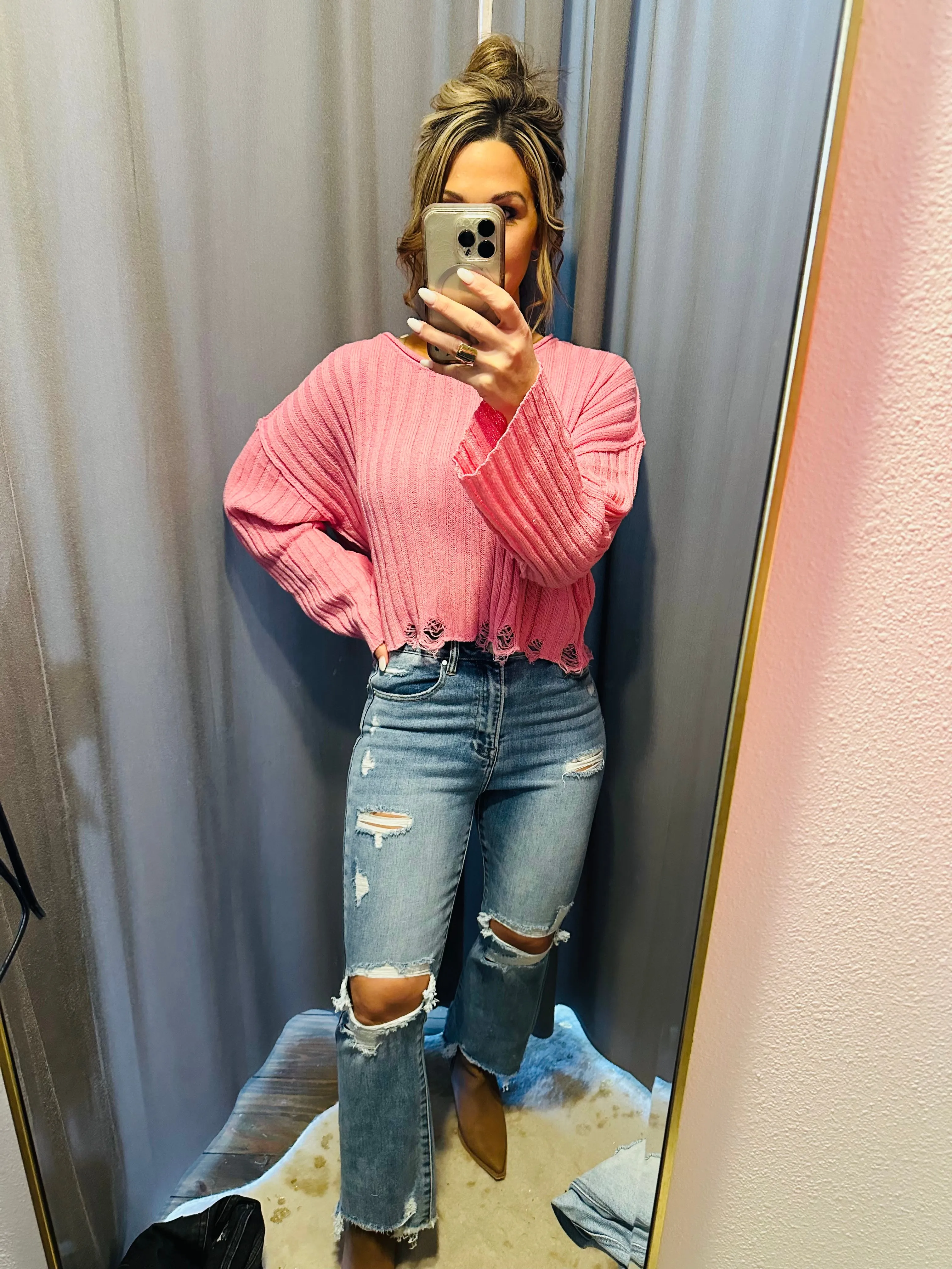 Clara- Loose Rib Knit Exposed Seam Sweater