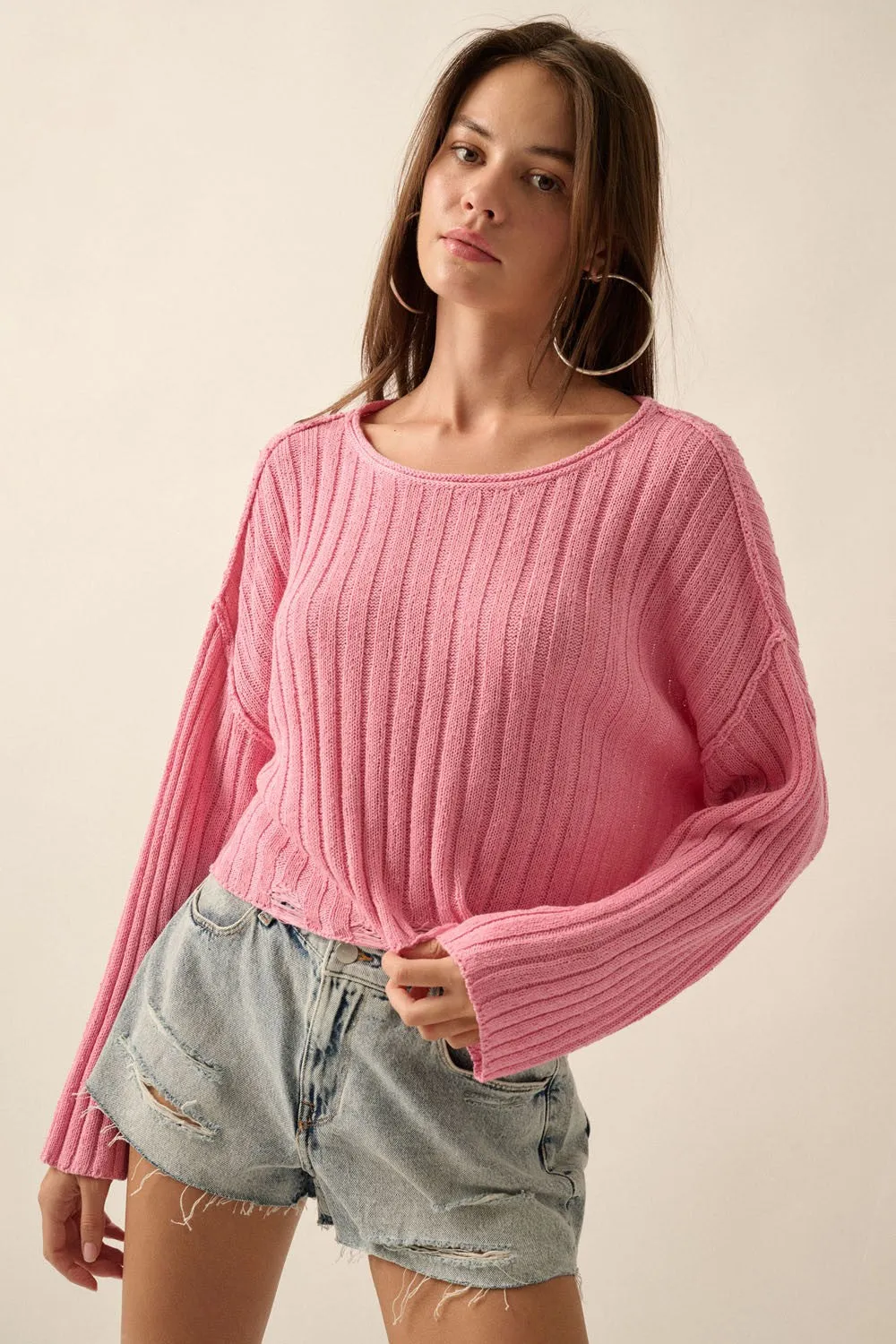 Clara- Loose Rib Knit Exposed Seam Sweater