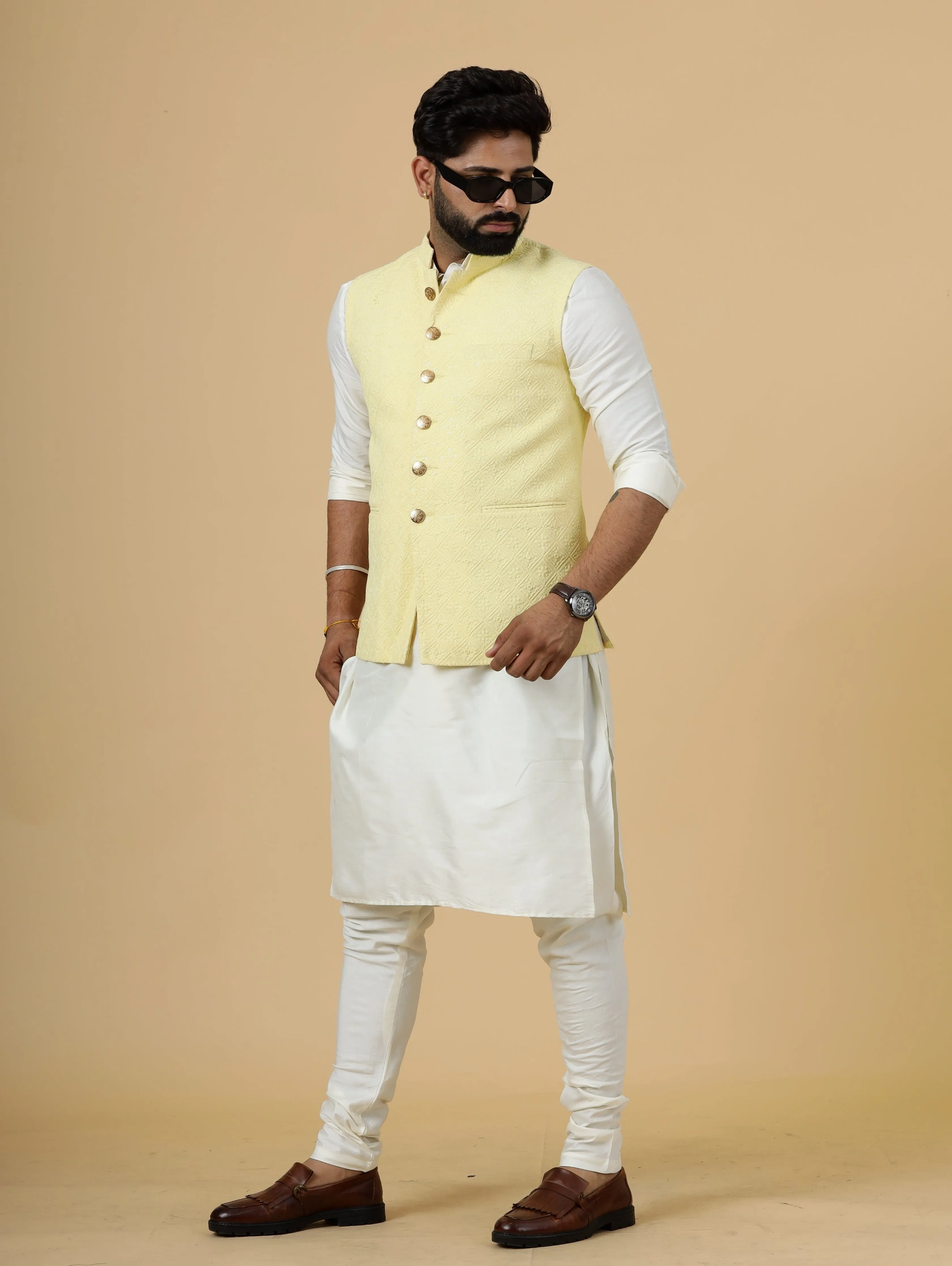 Classy Yellow Chikankari Half Jodhpuri Jacket with Off-Wjite Kurta-Pajama for Men