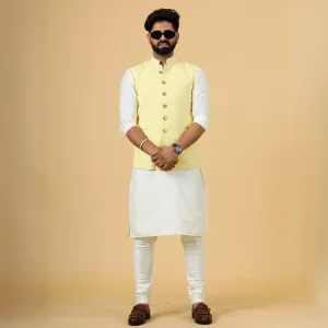 Classy Yellow Chikankari Half Jodhpuri Jacket with Off-Wjite Kurta-Pajama for Men