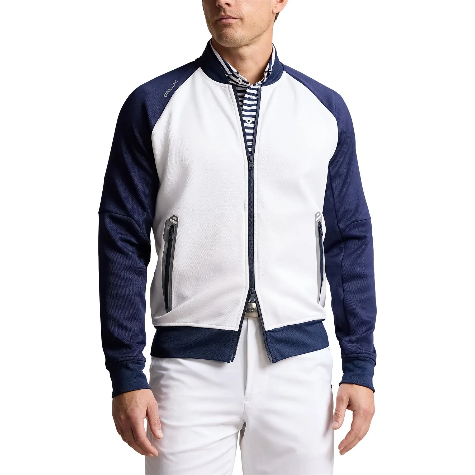Color-Blocked Double-Knit Bomber Jacket Ceramic White/Refined Navy