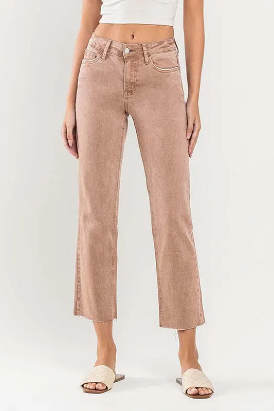 COLORED MID RISE RAW HEM STRAIGHT CROP DENIM
