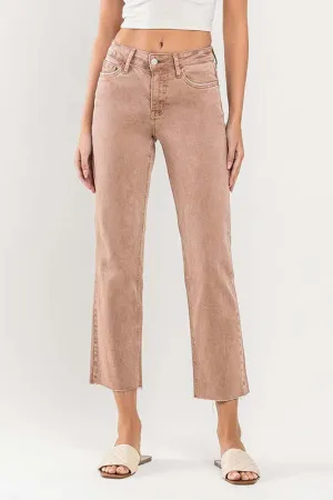 COLORED MID RISE RAW HEM STRAIGHT CROP DENIM