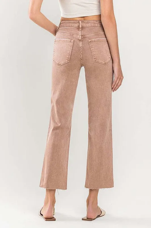 COLORED MID RISE RAW HEM STRAIGHT CROP DENIM