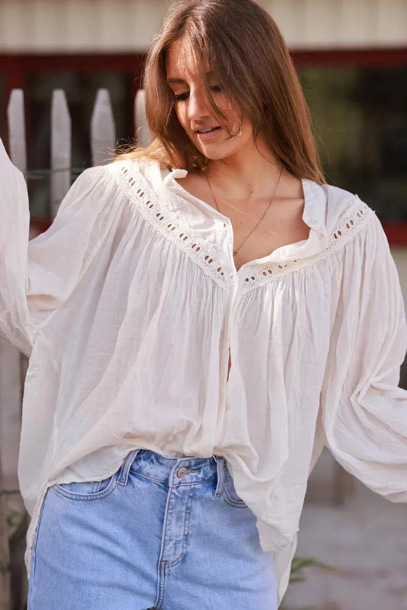 Cream Pleated Cotton Prairie Blouse