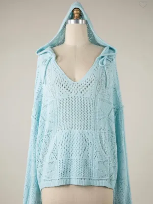 Crochet Knit Hoodie With Pocket-Available in Mint, Navy & Ivory