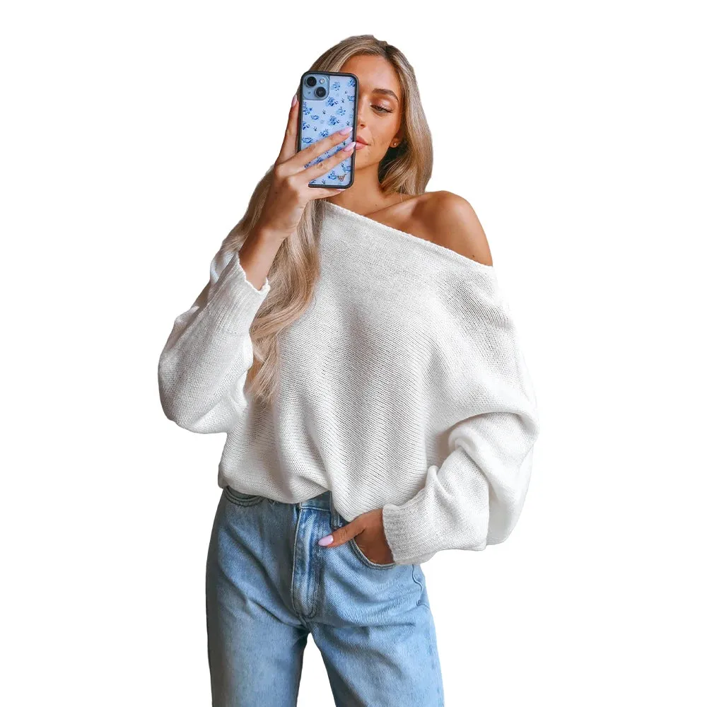 Crochet One-Shoulder Loose Knit Sweater