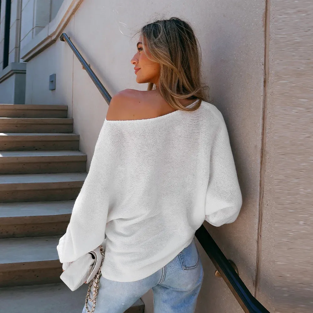 Crochet One-Shoulder Loose Knit Sweater