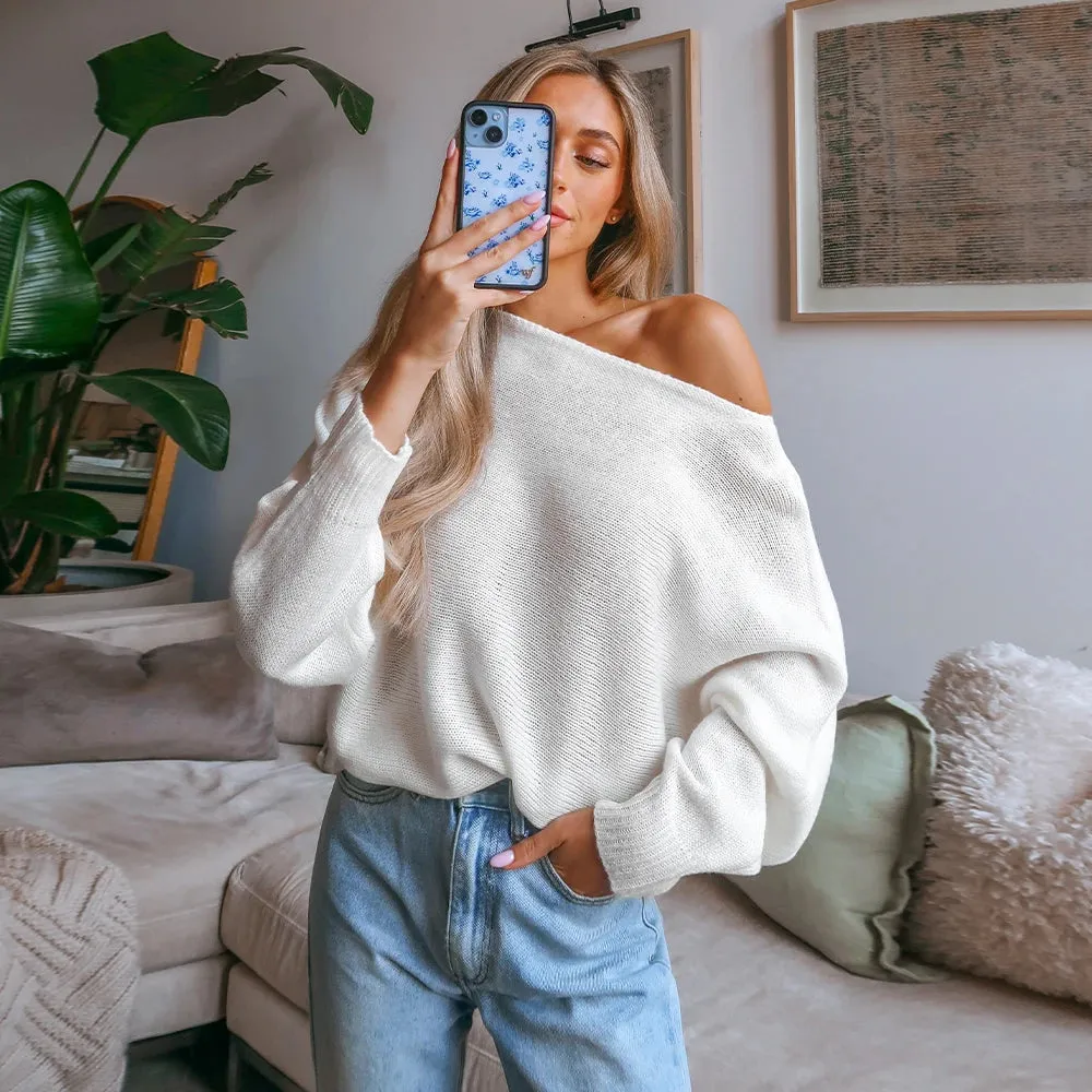 Crochet One-Shoulder Loose Knit Sweater