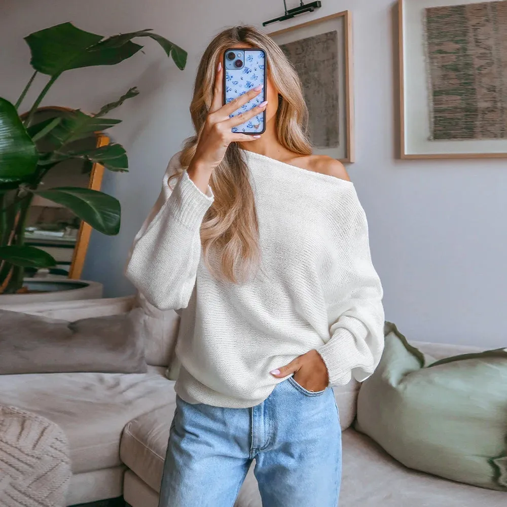 Crochet One-Shoulder Loose Knit Sweater