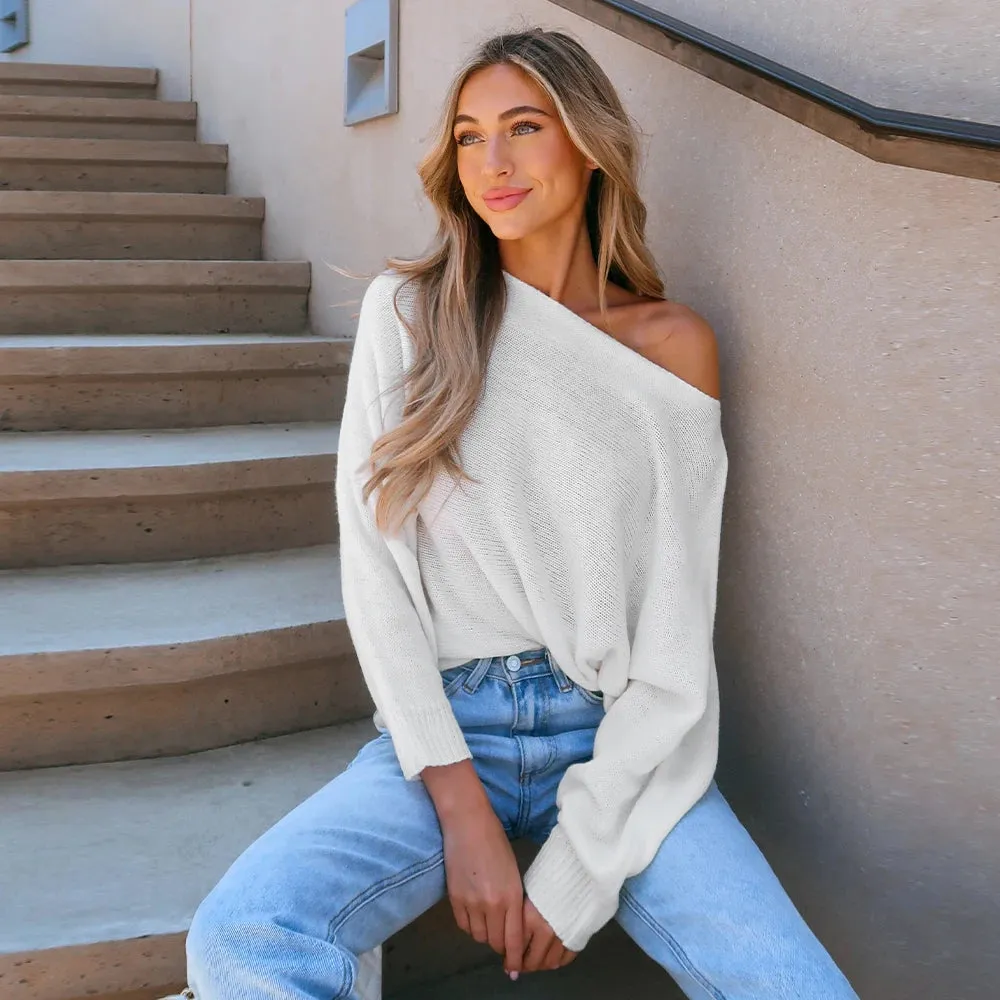 Crochet One-Shoulder Loose Knit Sweater