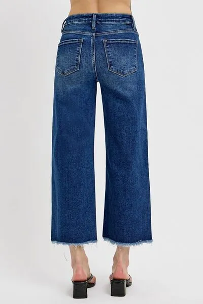 Dark Blue Raw Hem Wide Leg Attached Buckle Jeans