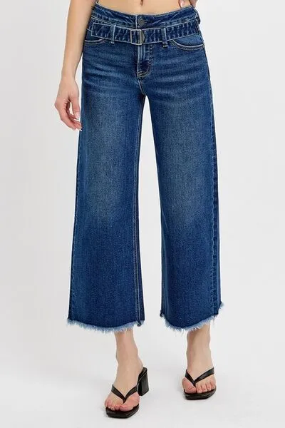 Dark Blue Raw Hem Wide Leg Attached Buckle Jeans