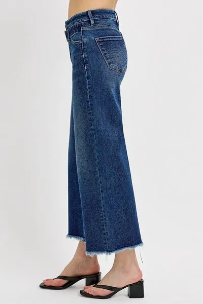 Dark Blue Raw Hem Wide Leg Attached Buckle Jeans