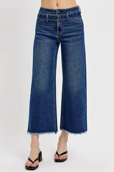 Dark Blue Raw Hem Wide Leg Attached Buckle Jeans