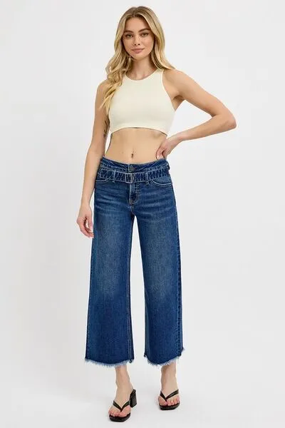Dark Blue Raw Hem Wide Leg Attached Buckle Jeans