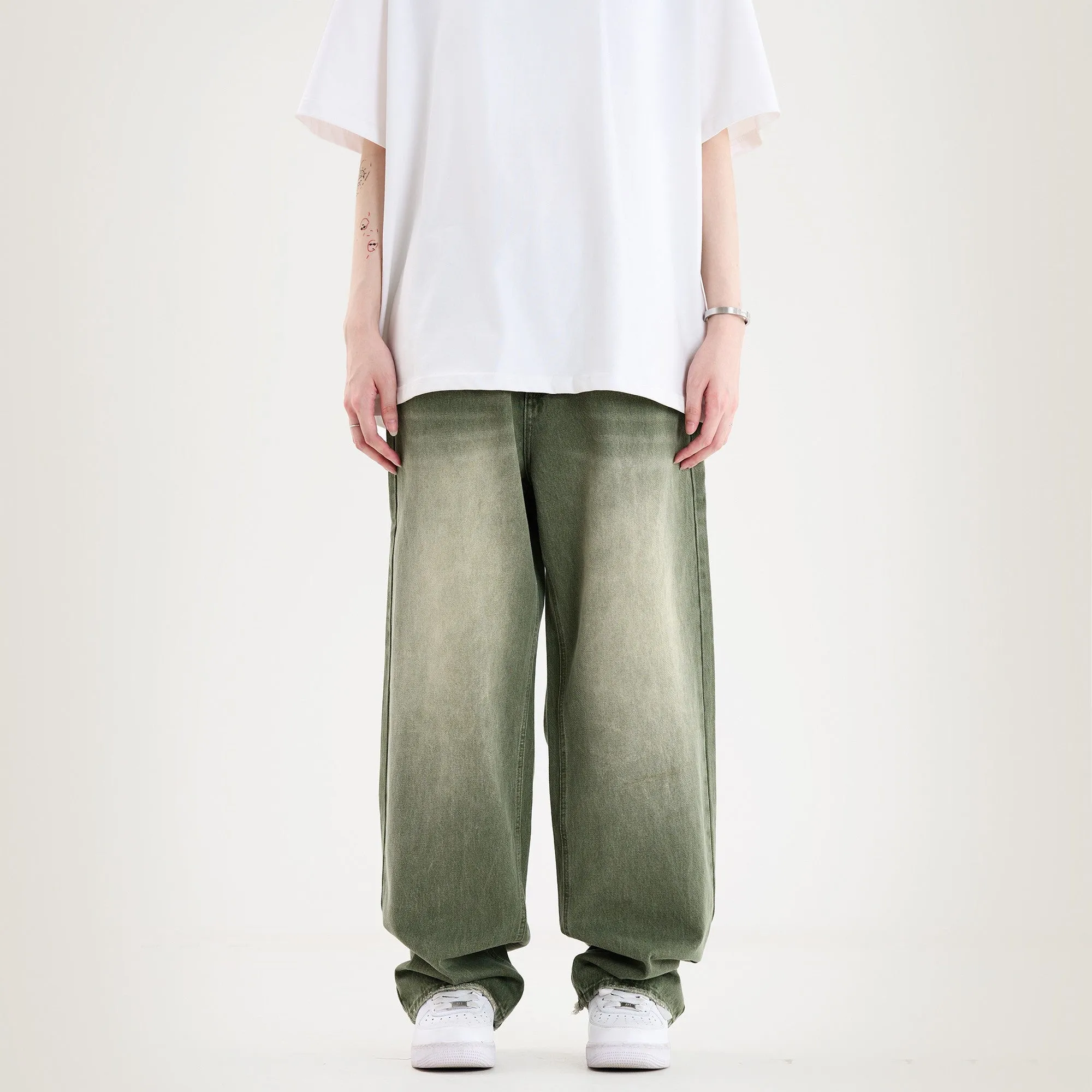 Deep Green Baggy Wide Leg Washed Jeans