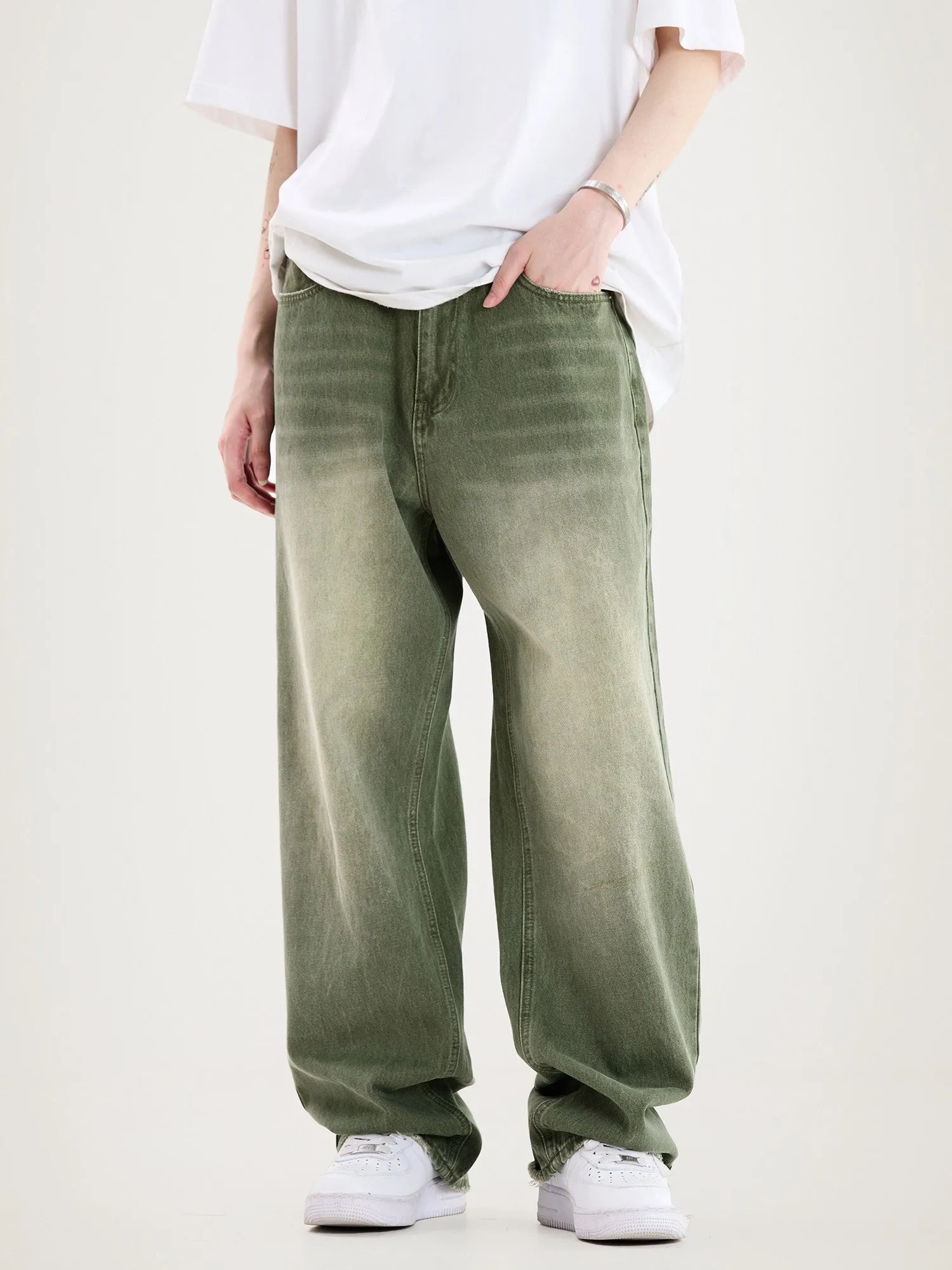 Deep Green Baggy Wide Leg Washed Jeans