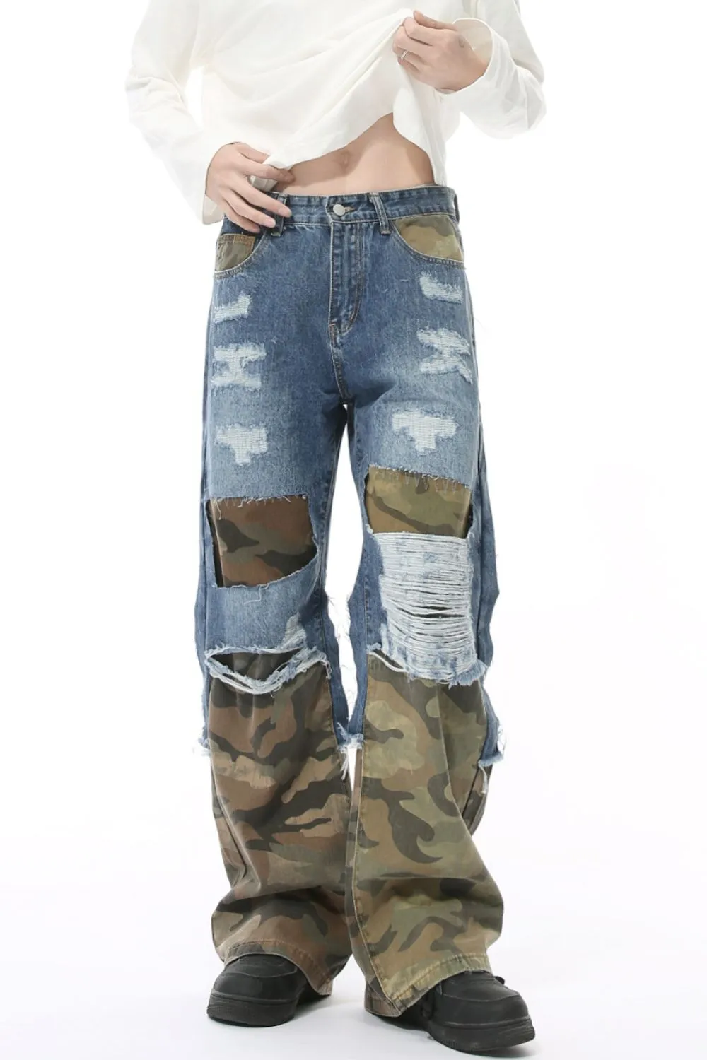 Distressed Camouflage Patchwork Jeans