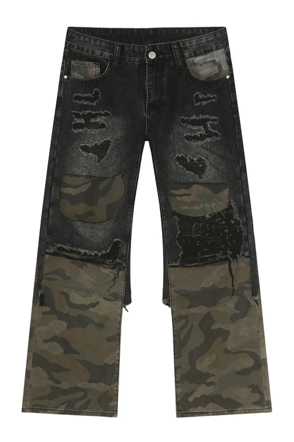 Distressed Camouflage Patchwork Jeans