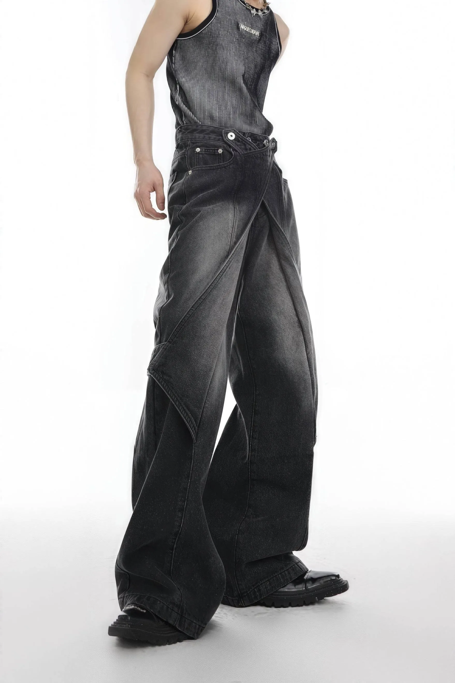 Distressed Denim Patchwork Jeans - Convertible Flare Design
