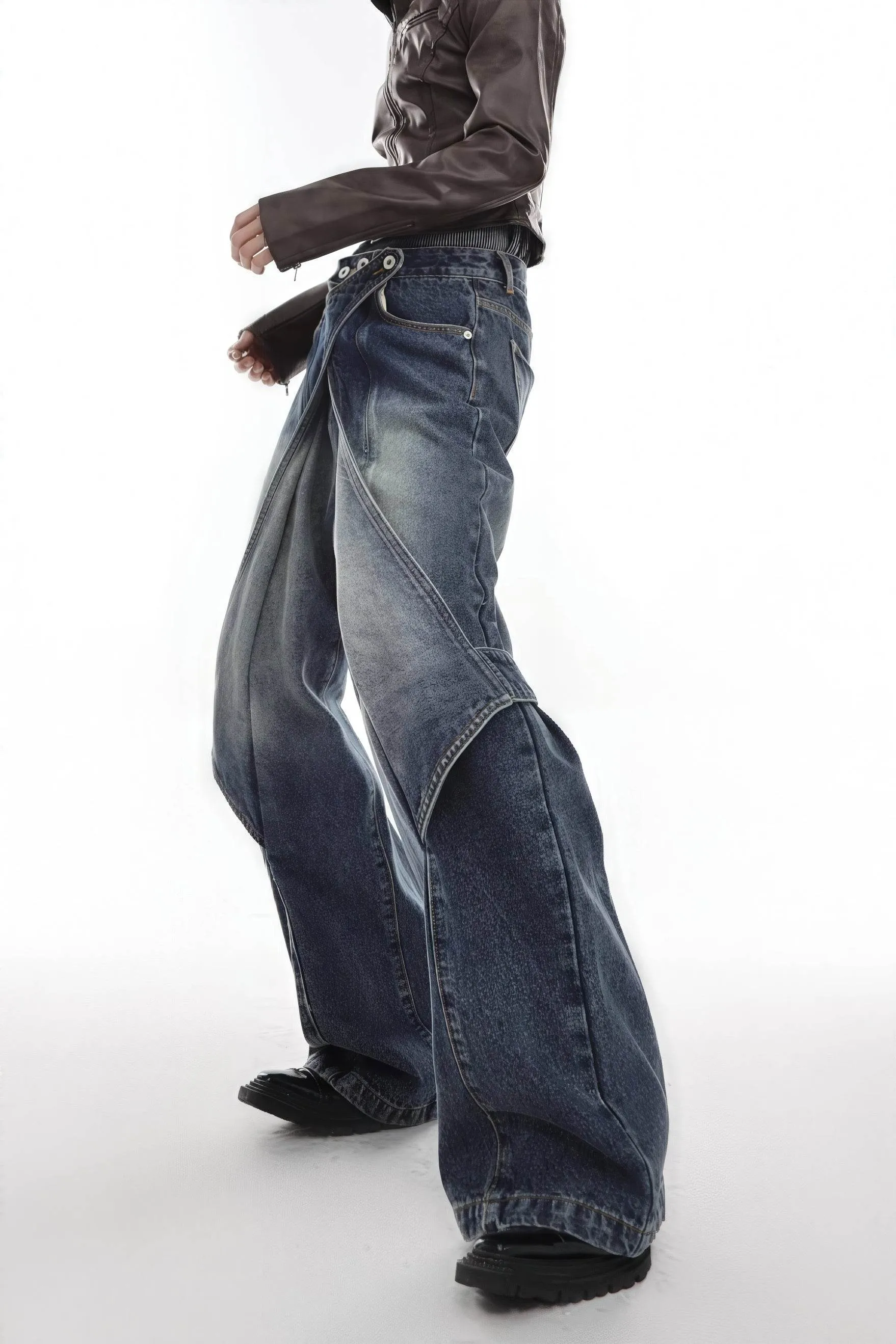 Distressed Denim Patchwork Jeans - Convertible Flare Design