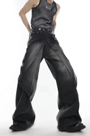 Distressed Denim Patchwork Jeans - Convertible Flare Design