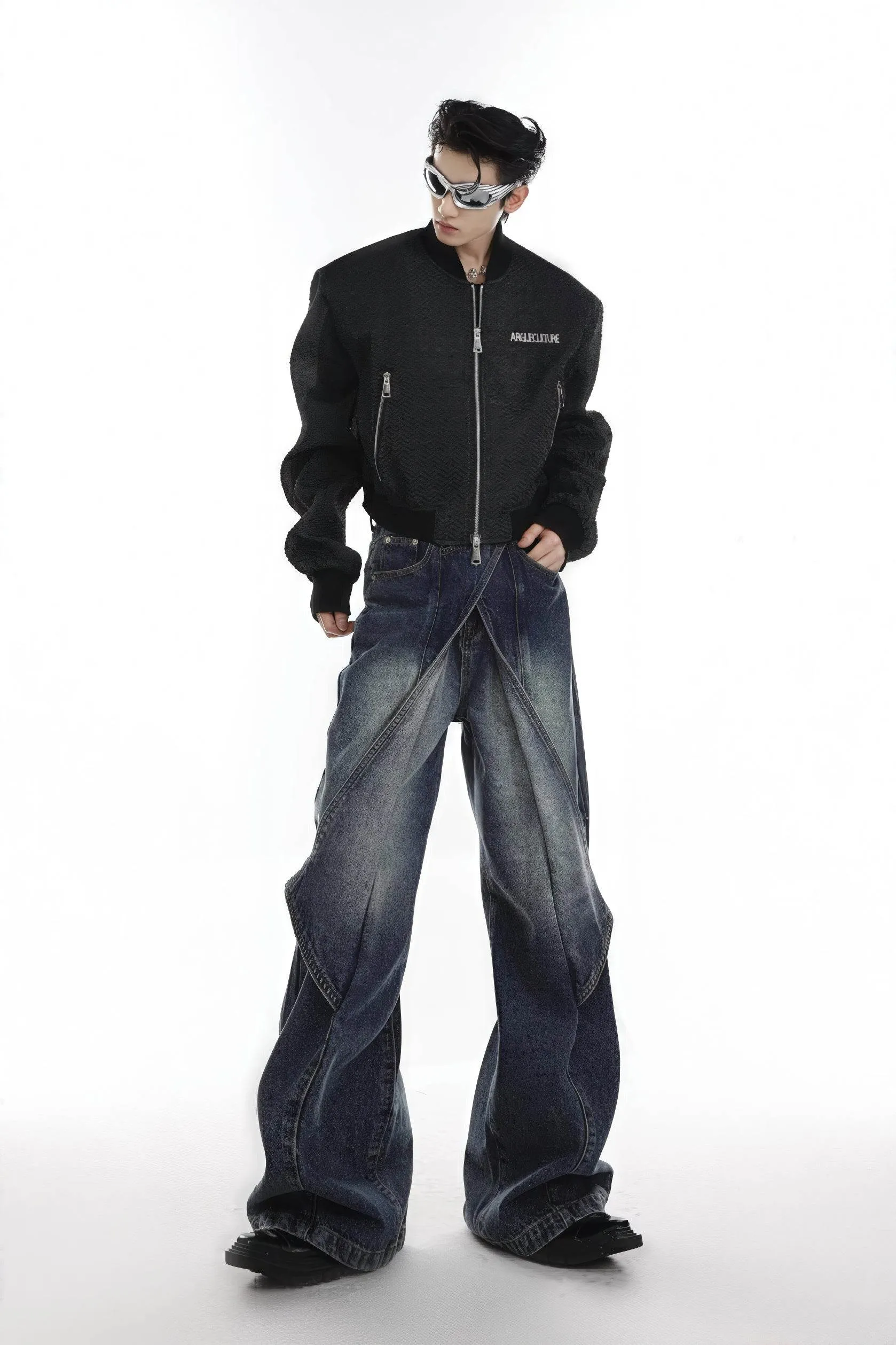 Distressed Denim Patchwork Jeans - Convertible Flare Design