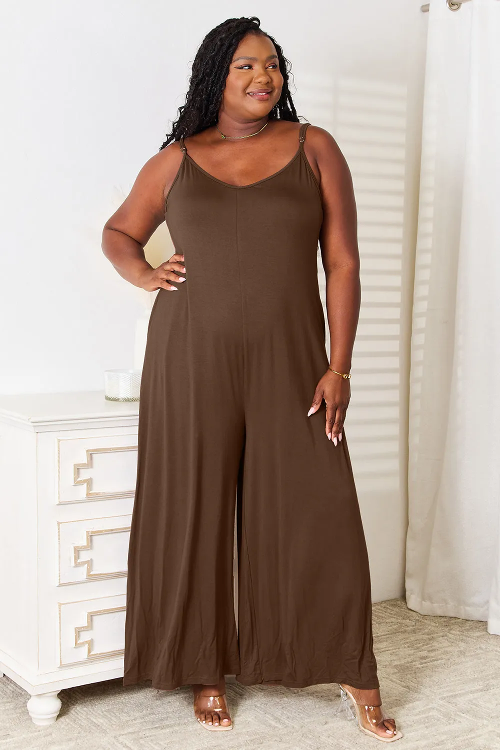 Double Take Spaghetti Strap Tied Wide Leg Jumpsuit