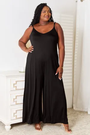 Double Take Spaghetti Strap Tied Wide Leg Jumpsuit
