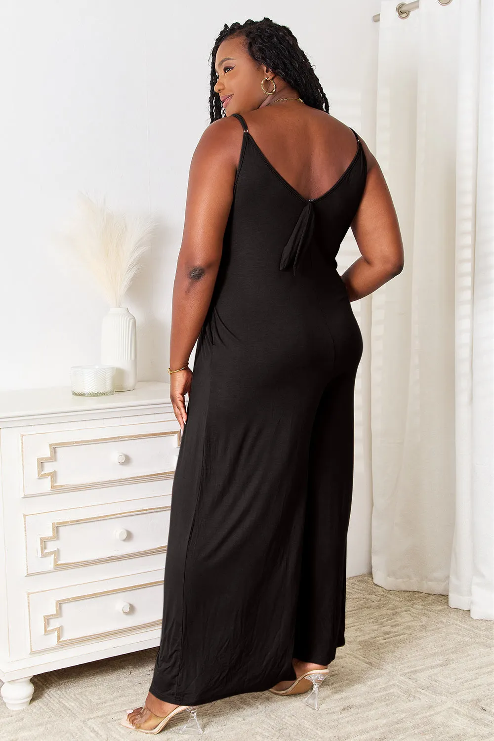 Double Take Spaghetti Strap Tied Wide Leg Jumpsuit
