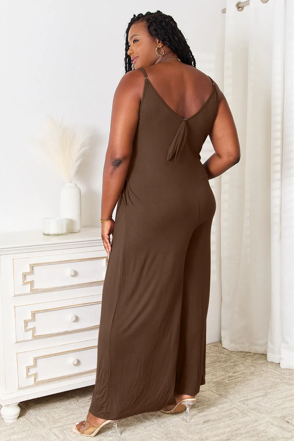 Double Take Spaghetti Strap Tied Wide Leg Jumpsuit