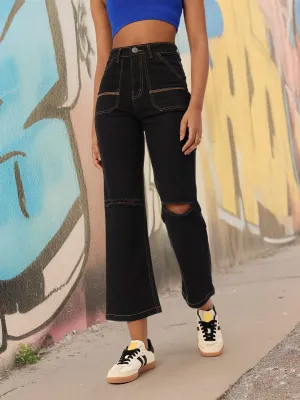 DressBerry Women Bold Grunge Slash Knee High Rise Cropped Jeans