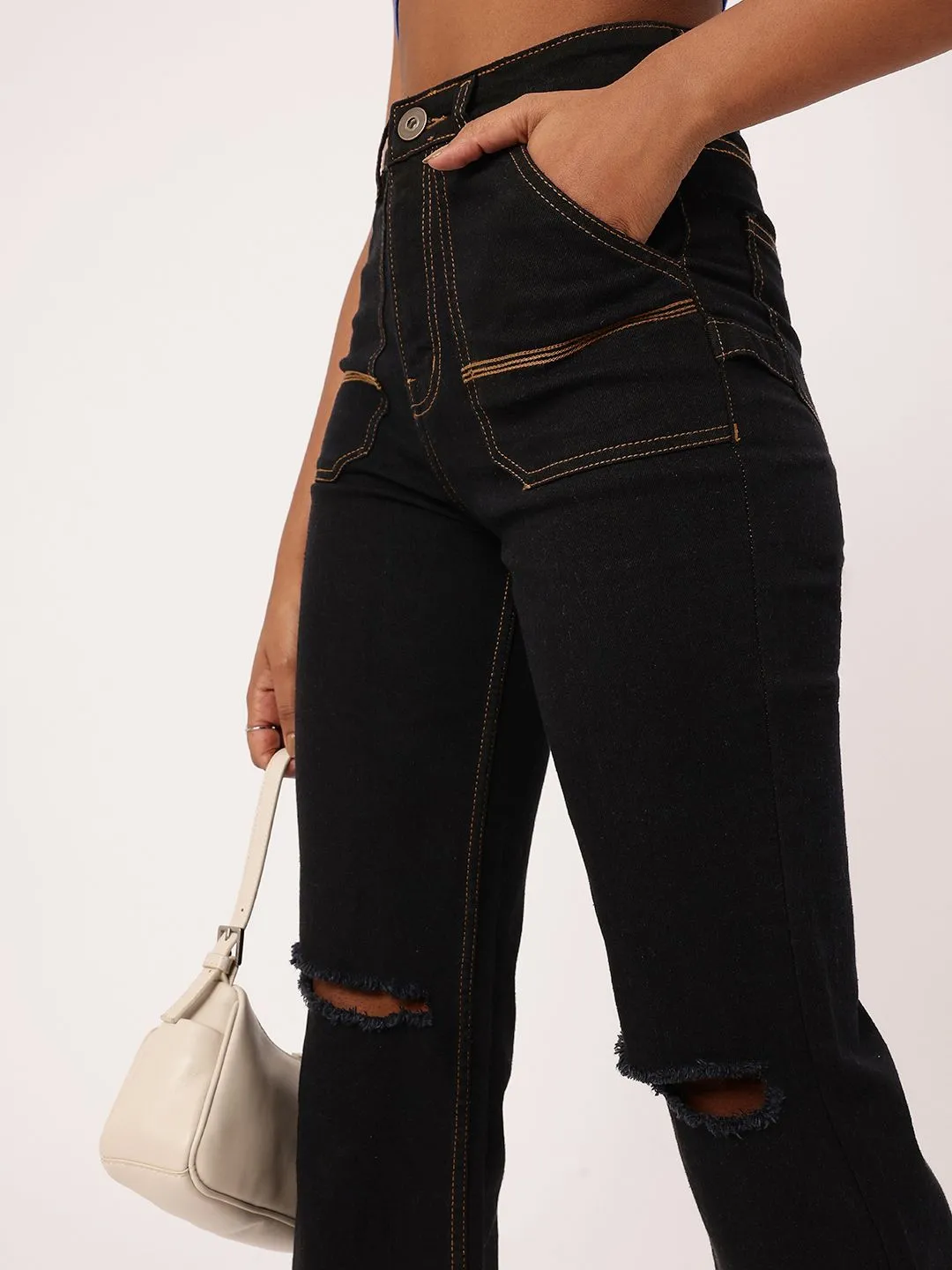 DressBerry Women Bold Grunge Slash Knee High Rise Cropped Jeans