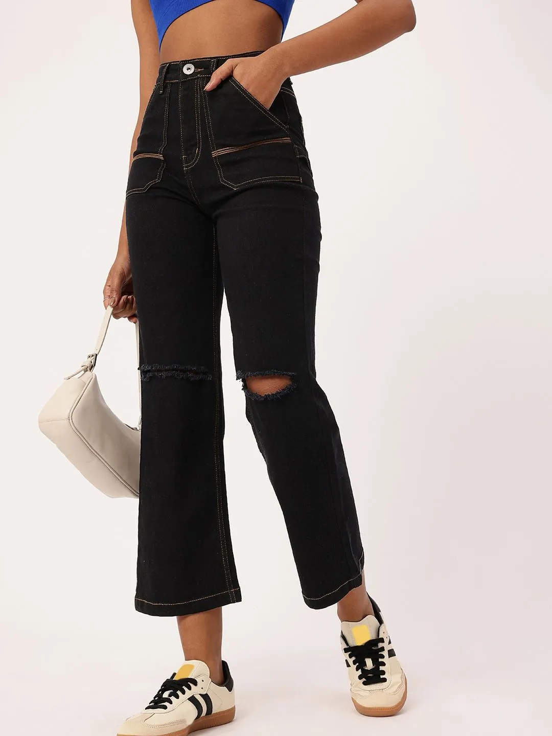 DressBerry Women Bold Grunge Slash Knee High Rise Cropped Jeans