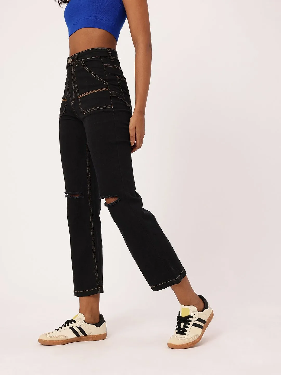 DressBerry Women Bold Grunge Slash Knee High Rise Cropped Jeans