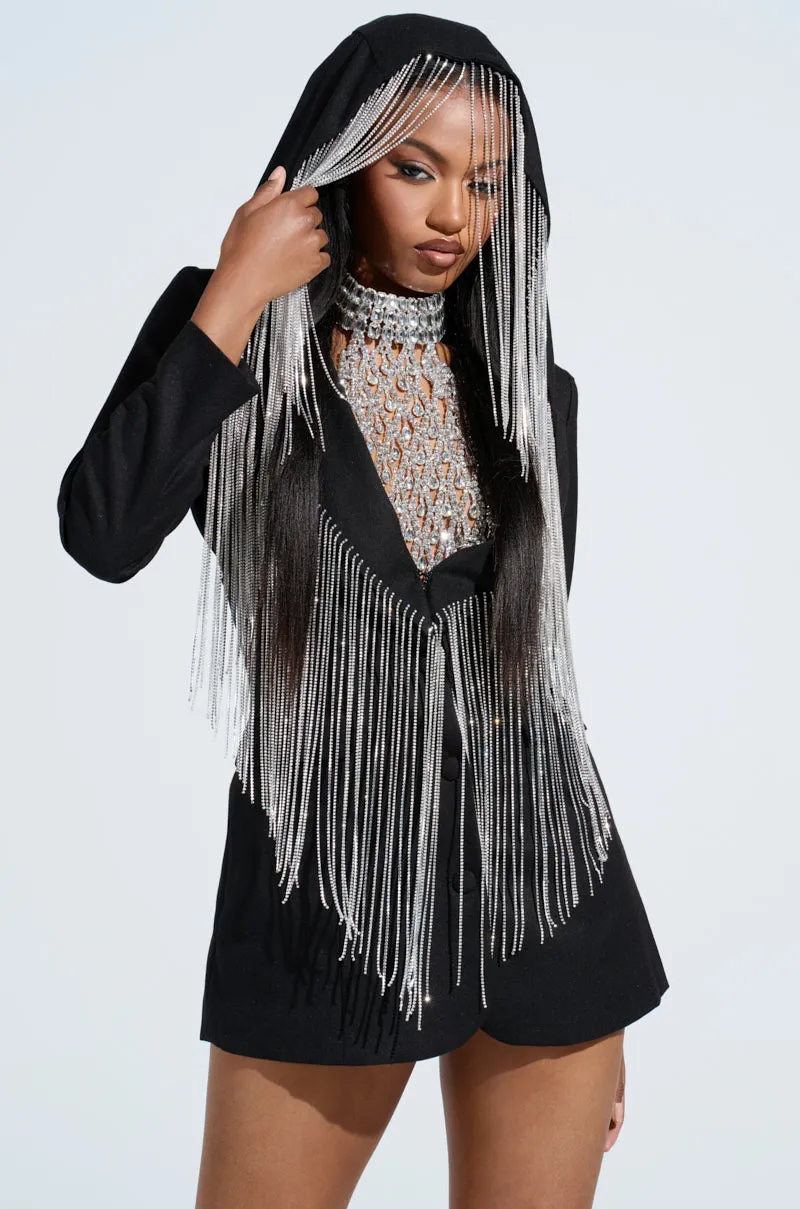 DRIPPY RHINESTONE FRINGE BLAZER